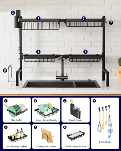 Adjustable Over The Sink Dish Drying Rack (Black / Large)