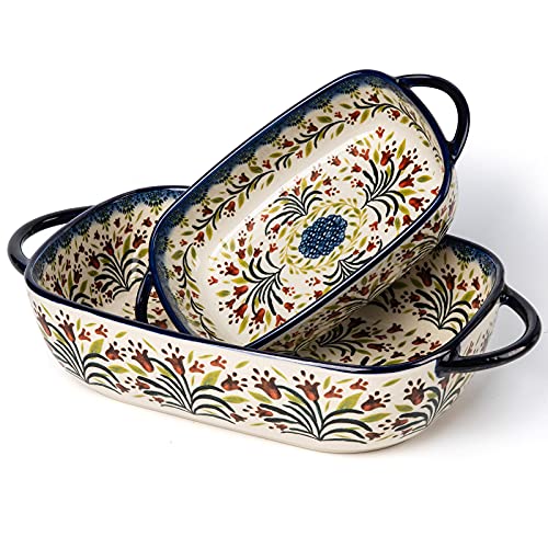 Baking Dish Ceramic Baking Pan Blue Casserole Dish Rectangular Baking Set 2pcs Bakeware Sets Single Serving Size Lasagna Pan Baking Dishes for oven (The tulip)