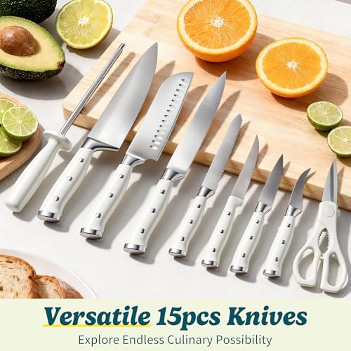Knife Set 15 Piece Premium Chef High Carbon Stainless Steel Kitchen Knife Block Set (White)