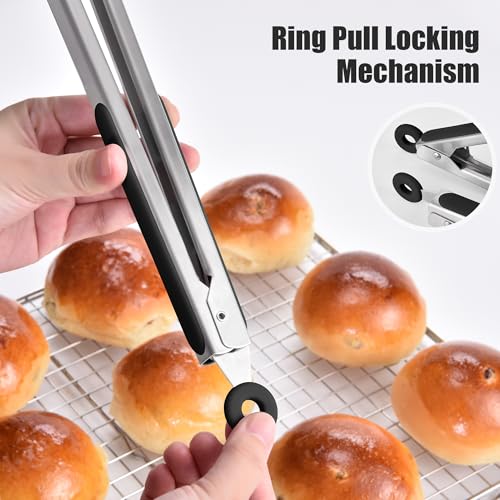 Kitchen Tongs with Silicone Tips for Cooking Serving (16in / Black)
