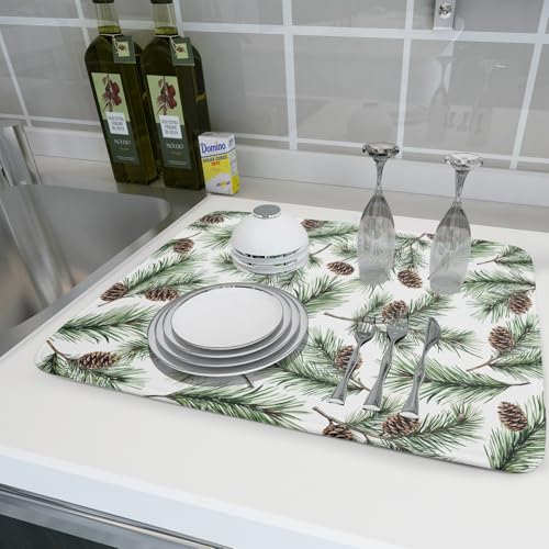 Winter Dish Drying Mat for Kitchen Counter Pine Needle Cone Festival Xmas Microfiber Absorbent Dish Draining Reusable Washable Foldable Extra Large 18"x24" (24" x 18")