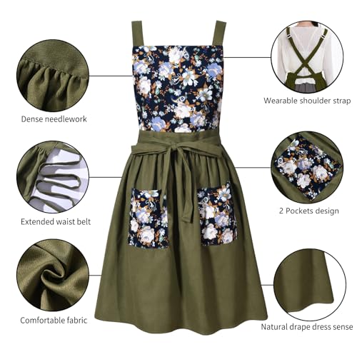 Vintage Pinafore Apron Dress for Women with Pockets Cute Floral Chef Aprons for Kitchen Cooking Baking Gardening (Olive Green)
