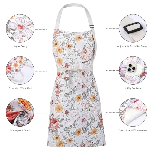 Floral Apron for Women with Pockets Cotton Canvas Waterproof Apron Cooking Baking Painting Gift (White)