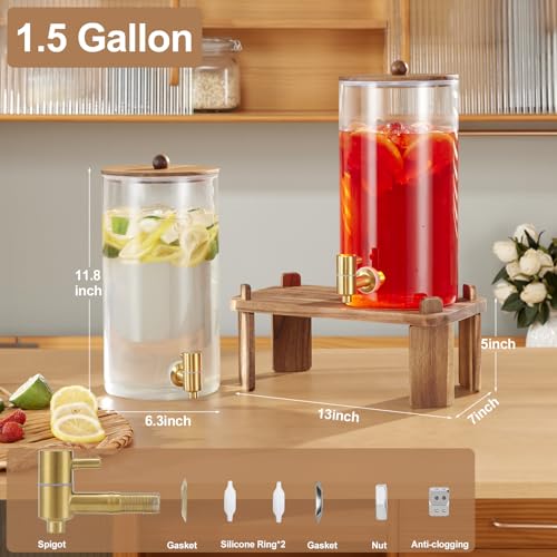 2pcs 1.5 Gallon Glass Drink Dispenser with Wood Stand