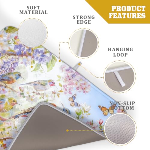 Floral Birds Dish Drying Mat Spring Decoration Absorbent Dish Drain Cloth Mat 18 X 24 for Kitchen Coffee Bar (Colorful Art Birds / 24" x 18")
