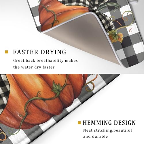 Fall Drying Mats for Kitchen Counter Fall Pumpkin Dish Drying Mat 18 x 24 Inch Autumn Black White Buffalo Check Dish Rack Mat Drainer Pad Thanksgiving Absorbent Microfiber Table Mat for Coffee Bar (Fall Pumpkin-Black White Buffalo Check / 18" x 24")