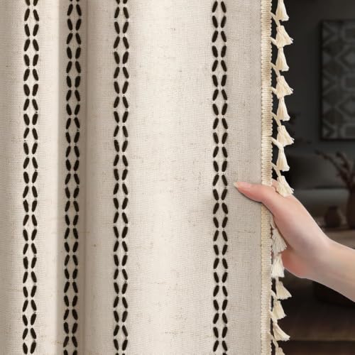 Beige 100% Boho Blackout Curtains 2 Panels with Tassels 52W X 82L (Black / 52"W x 82"L (Pack of 2))