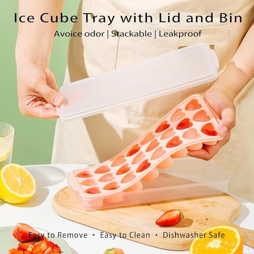 Heart Shaped Ice Cube Trays With Lid and Bin (Pink with lid and bin)