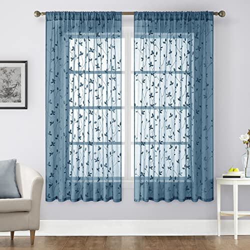 Cyan Blue Sheer Curtains Vine Embroidered (52"W x 63"L (Pack of 2) / Cyan Blue)