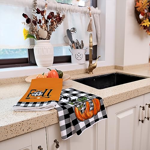 Pumpkin Fall Kitchen Towels Set of 2 for Decor Buffalo Plaid Check (Black)