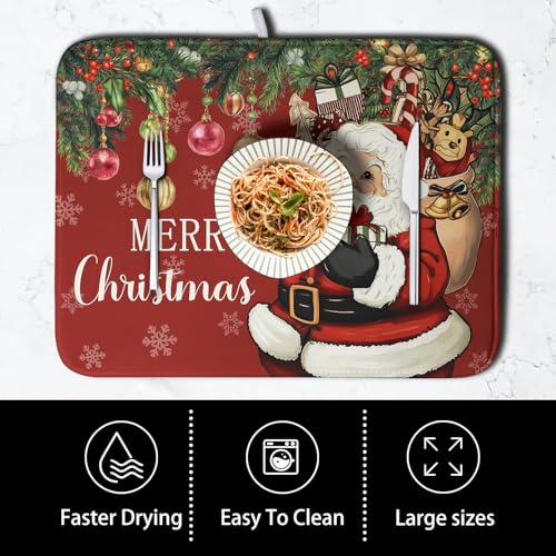Merry Christmas Dish Drying Mat Santa Claus Kitchen Drainer Mats Microfiber Absorbent Winter Xmas Holiday Dishes Pad Reusable Dish Rack Mat for Countertop Tableware Decor 18x24 Inch (Christmas Santa Claus Red / 18" x 24")