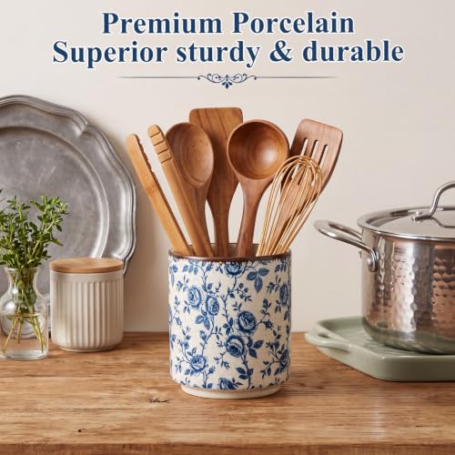 Rustic Ceramic Utensil Holder Blue Rose 5.5" (Blue Rose / 5.5" / Rustic)