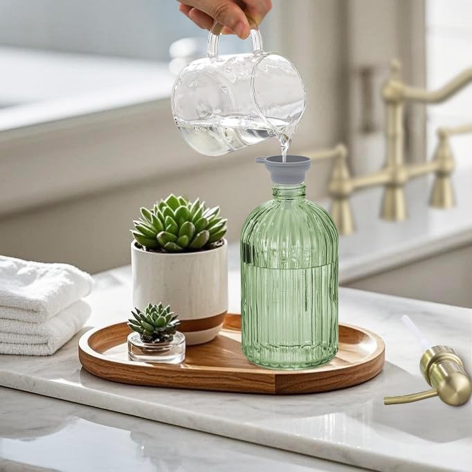 16Oz Green Glass Soap Dispenser with Rust Proof Stainless Steel Pump (Brushed Gold + Green / 1-Pack)