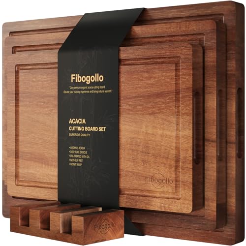 Set of 3 Large Acacia Wood Kitchen Cutting Boards with Holder (Wood-3pc-L / Brown)