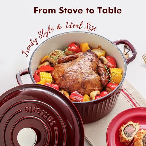 6.5QT Enameled Cast Iron Dutch Oven Pot with Lid&Cotton Potholders (Burgundy Red / 6.5 Quarts)