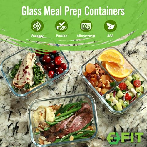 Glass Meal Prep Containers 1 & 2 & 3 Compartments (Blue (1,2,3 compartment - 3 pack, 35 oz))