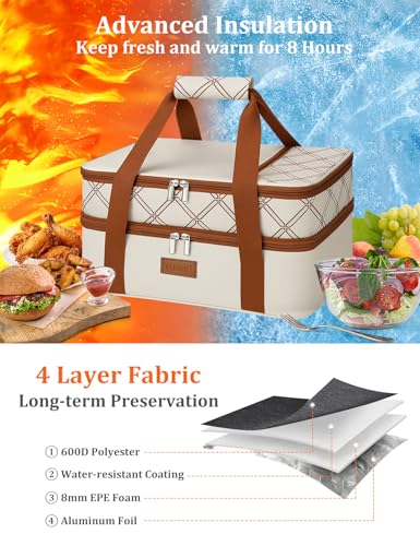 Expandable Casserole Carrier Bag (Stripes Beige / 15.7 x 11.4 x 8.2inch (Double Layer))