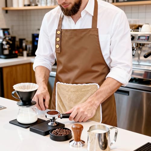 Kitchen Apron for Women Men with Pocket & Hand Towel (Brown)