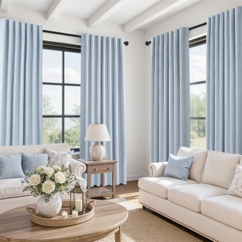 Light Blue Linen Blackout Pleated 105 Inch Curtains for Living Room Darkening Back Tab 100% Black Out Drapes Thermal Insulated Soundproof Total Light Blocking for Dining Kids Girls Bedroom (Chambray Blue / 52"W x 105"L (Pack of 2))