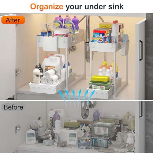 4-Pack 2-Tier Under Sink Organizer with Pull Out Drawers (White / 14.8 Inch)