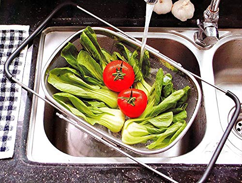 Over The Sink Stainless Steel Oval Colander with Expandable Rubber Grip Handles Strainers