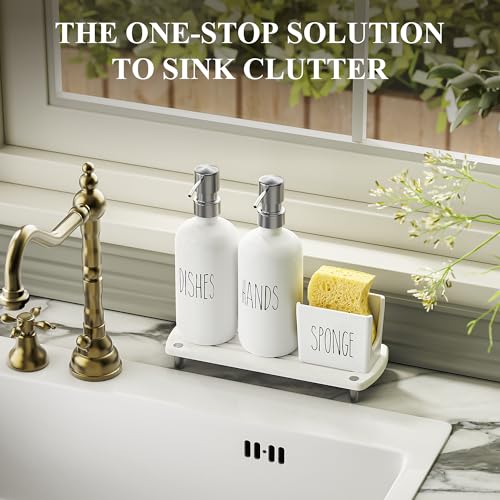 Kitchen Soap Dispenser Set Comes with Ceramics Sponge Holder (Silver + White + Sponge Holder)