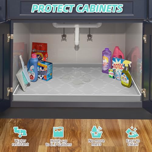Waterproof Under Sink Mat 25" x 22" Silicone Mat Cabinet Protector (White / 25"W x 22"L)