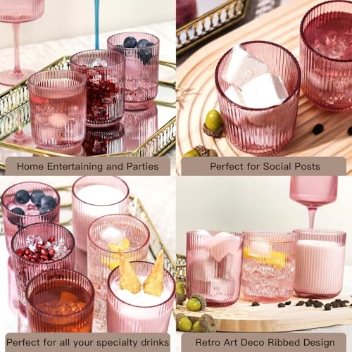 Pink Ribbed Drinking Glasses Set of 6 (6pcs-Pink-8.5oz)
