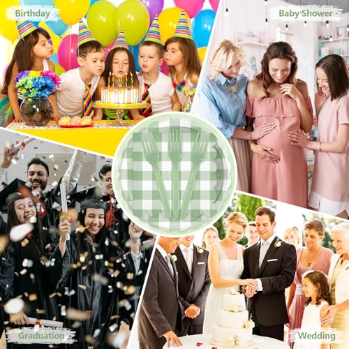 75 Sage Green Gingham Paper Plates and Napkins Disposable for Party (Sage Green Gingham 75 Plates Set / 7-inch Set)