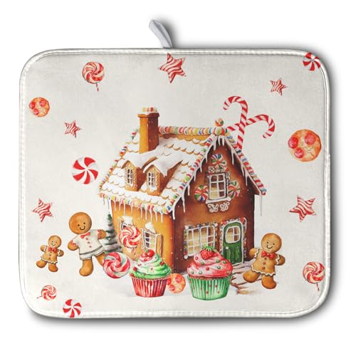 Christmas Dish Drying Mat for Kitchen Counter 16x18 Gingerbread House Man Candy Canes Cookie Cake Drying Mat for Dishes Xmas Winter Holiday Microfiber Drying Pad Dish Drying Pad for Coffee Bar Sink (Christmas Gingerbread / 16" x 18")
