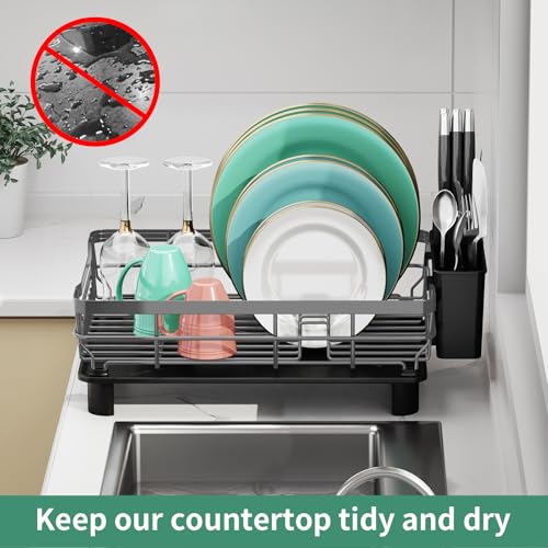 Dish Drying Rack with Drainboard for Kitchen Counter (Gray / 13''W x 17''L)