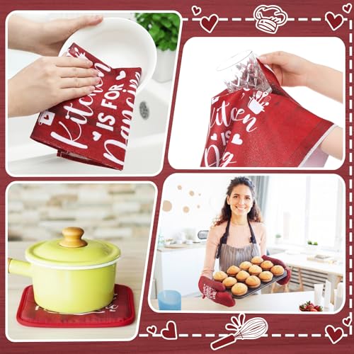 8 Pcs Kitchen Towels and Oven Mitts Sets Pot Holders Dishcloths Set Kitchen Decorative Accessories Absorbent Potholders Heat Resistant for Chef Baking Cooking (Red / Simple)