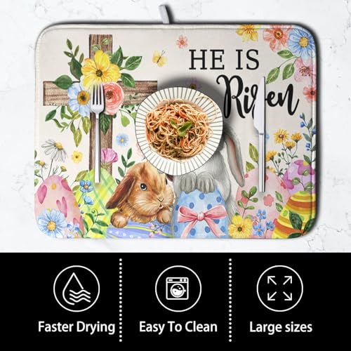 He is Risen Easter Dish Drying Mat for Kitchen Counter Bunny Floral Cross Dish Drainer Mats Spring Rabbit Flowers Egg Dish Drying Pads Absorbent Microfiber Reusable Dish Rack Mat 18x24 Inch (Easter He is Risen / 18" x 24")