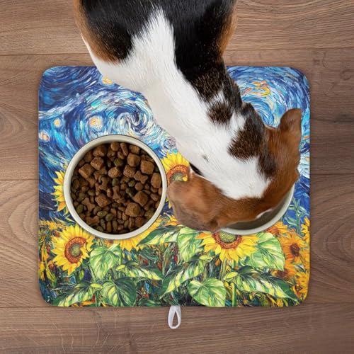 Sunflower Dish Drying Mat for Kitchen Counter 18x16 Inch Starry Night Drying Mat with Absorbent Reversible Microfiber Farmhouse Floral Dish Drainer Mats Rack Pad for Coffee Countertop Protector (Blue Yellow / 18" x 16")