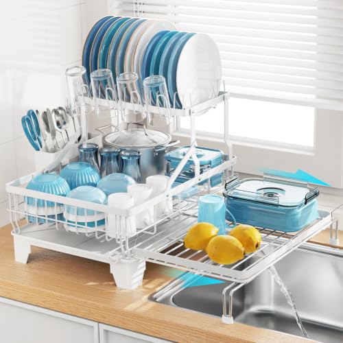 Large Expandable 2 Tier Dish Drying Rack (White / 2-Tier, Expandable 14.4"-22.4" W)