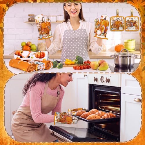 10 Pcs Fall Pumpkin Kitchen Decor Set Kitchen Towels Pot Holders Oven Mitts and Rugs Set Thanksgiving Towels for Baking Cooking BBQ Autumn Home (White, Orange / Maple Leaf)