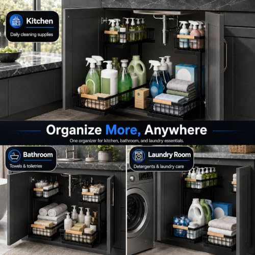 Under Sink Organizer 2 Pack (Black / 11.8"W x 15.9"D x 13.8-16.9"H)
