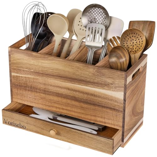 Acacia Wood Kitchen Utensil Holder with Drawer