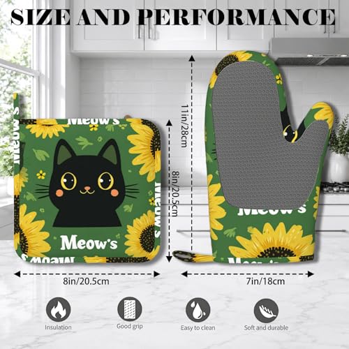 Black Cat Oven Mitts and Pot Holders Sets Cartoon Sunflower Silicone Heat Resistant Kitchen Oven Gloves Pot Holder for Cooking Baking Grilling BBQ (Black Cat)