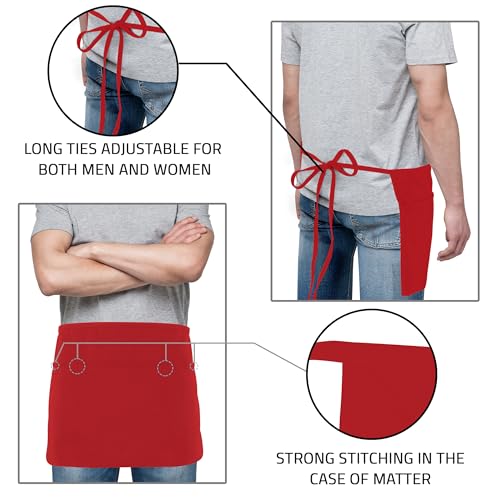 Server Waist Aprons 4 Pack Short 3 Pockets Men Women Red (24x12 Inches (Pack of 4) / Red)