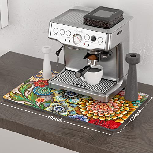 Coffee Mat 12" x 19" Cute Flower Theme Coffee Bar Mats for Espresso Machine Station Accessories and Organizer (Colorful Mandala / 12" x 19")