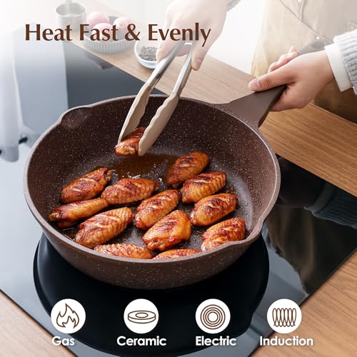 Nonstick Deep Frying Pan Skillet (Toffee Brown / 12-inch/5QT)