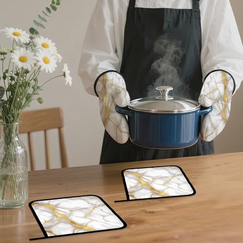 Marble Oven Mitts and Pot Holders Set (Marble White Gold Flowing Marble)