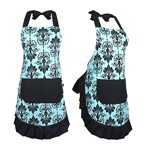 Cotton Vintage Damask Apron for Women (Blue-vintage)