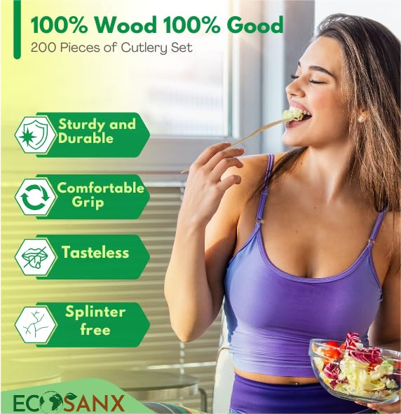 200 PCs Disposable Wooden Cutlery set 6.3" Splinter Free Compostable Utensils for party