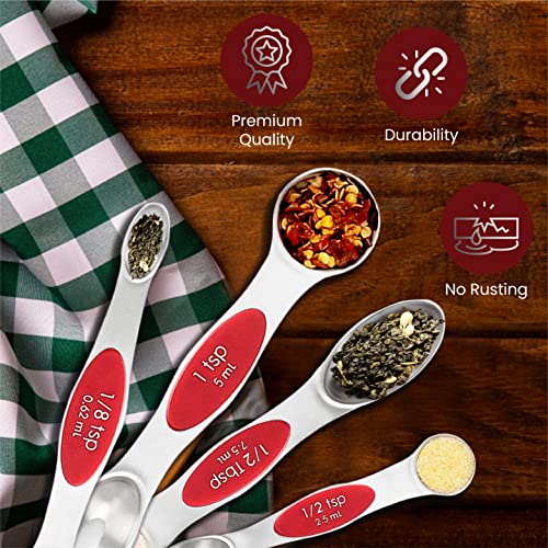 Magnetic Measuring Spoons Set of 9 Stainless Steel Dual (Red)