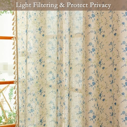 Floral Boho Linen Curtains 96 Inches Length 2 Panels Set Blue Flower Patterned Semi Sheer Spring Vintage Farmhouse Window Curtains with Tassel Beige Back Tab Dining Room (Blue and Green / 50"W x 96"L (Pack of 2))
