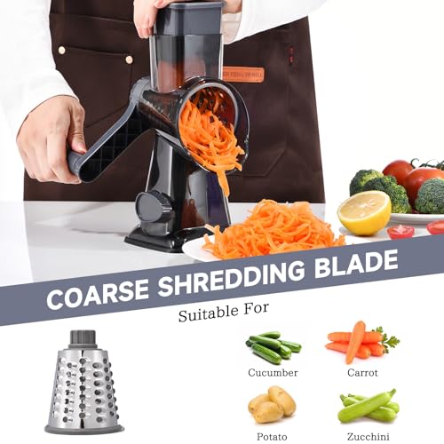 Rotary Cheese Grater with Handle Kitchen Shredder Slicer Grater Slicer Ice Shaver Cheese Vegetable Nuts Potato Zucchini Chocolate 3 Interchangeable Blades (9.06"L x 4.33"W x 9.07"H / Dark Grey TSP)