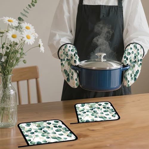 Eucalyptus Leaf Oven Mitts and Pot Holders Set (Eucalyptus Leaf Golden Green)