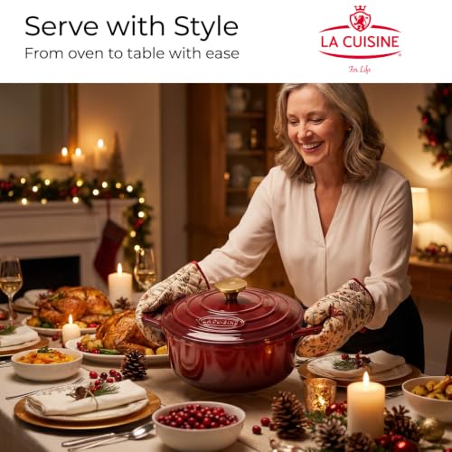 La Cuisine Enameled Cast Iron Dutch Oven Casserole Pot with Golden handle for Lid (6.5 QT Round / Cranberry)
